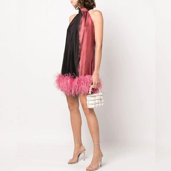 16Arlington Dresses & Skirts - Satin Halter Feather Hem Mini Dress - Black & Rose Pink